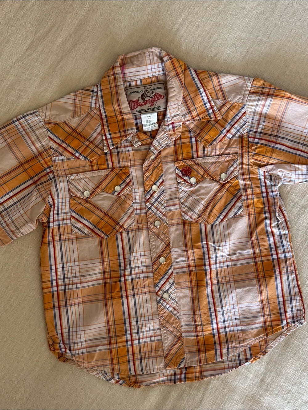 Boys Wrangler Orange and White Plaid Short-Sleeve Button-Down